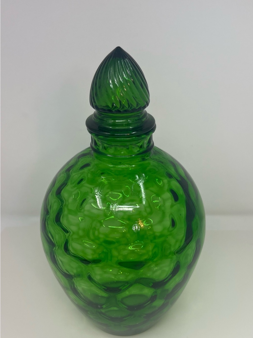 Vintage Wheaton Green Glass Optic Honeycomb Decanter Bottle Glass Stopper 10"